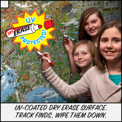 Kids marking finds on the UV-coated dry erase USA map. Track finds, wipe them down.