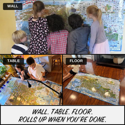 Wall, table or floor. Rolls up when you're done.