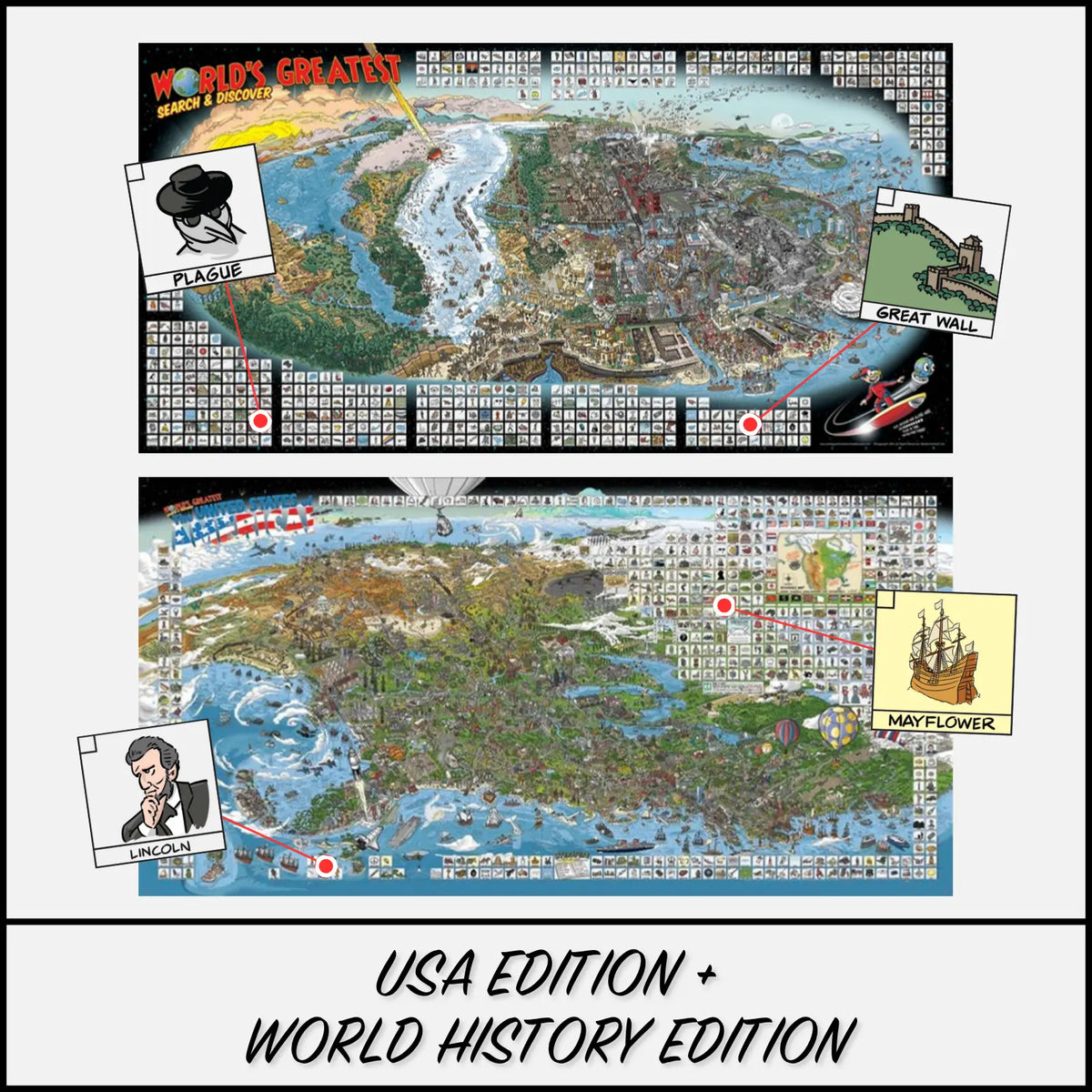 USA Edition + World History Edition: both maps with example finds from the border
